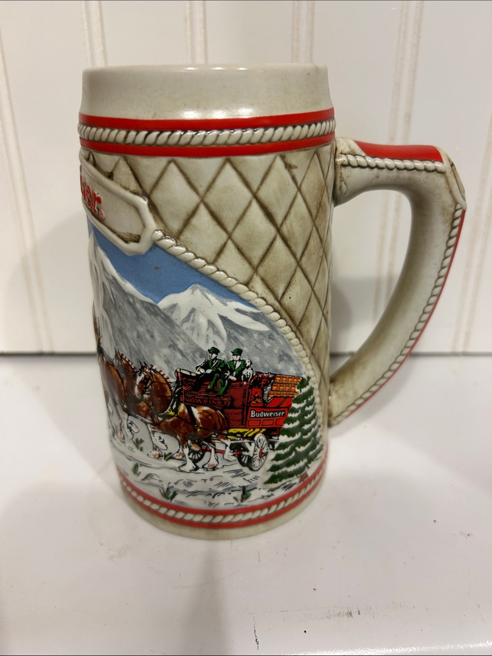 Budweiser Red, White, Green Holiday Ceramic Stein with Horse-Drawn Wagon